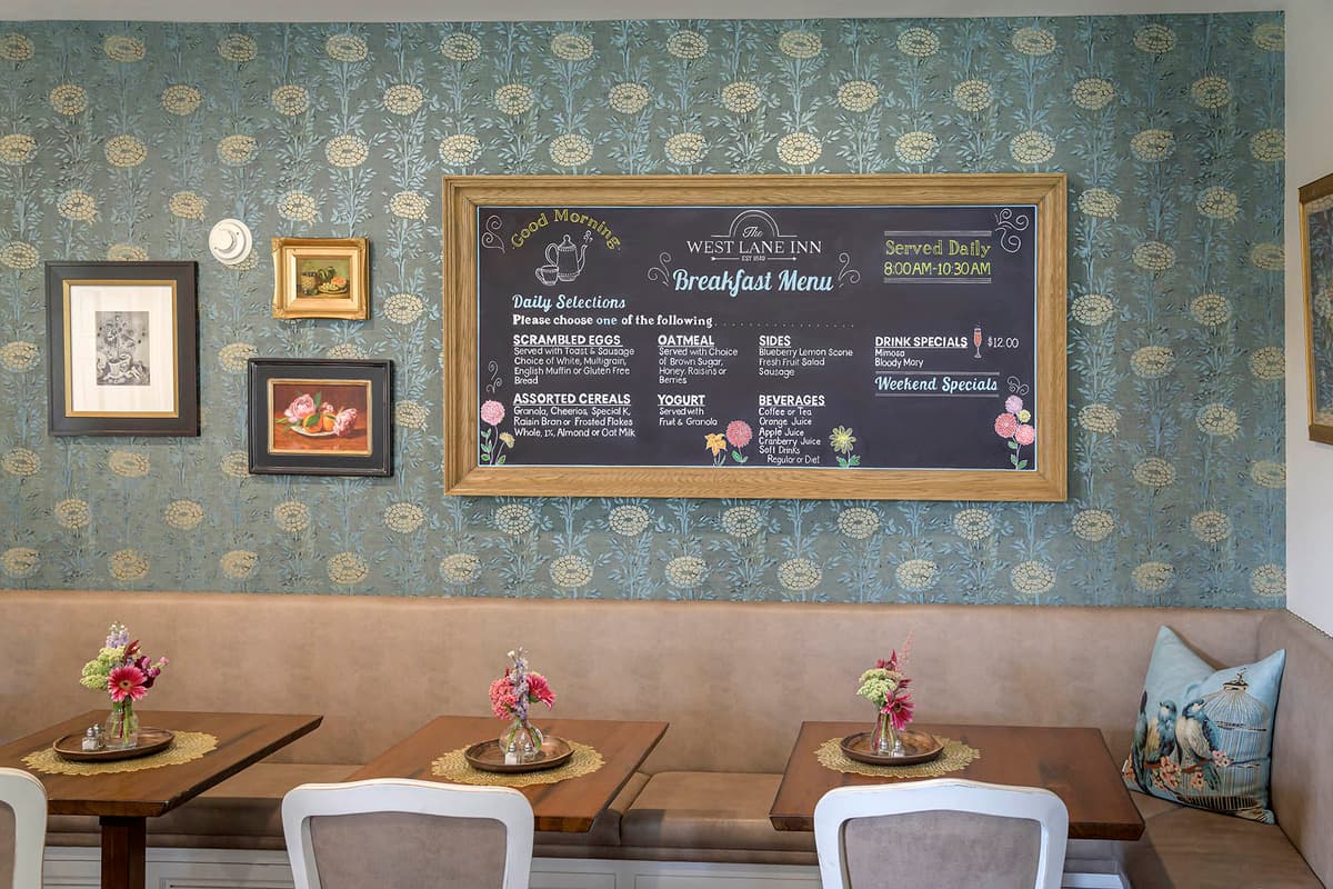 West Lane Inn breakfast menu and dining room