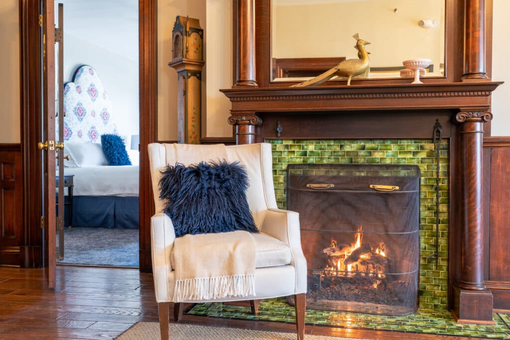 Historic lobby fireplace at West Lane Inn